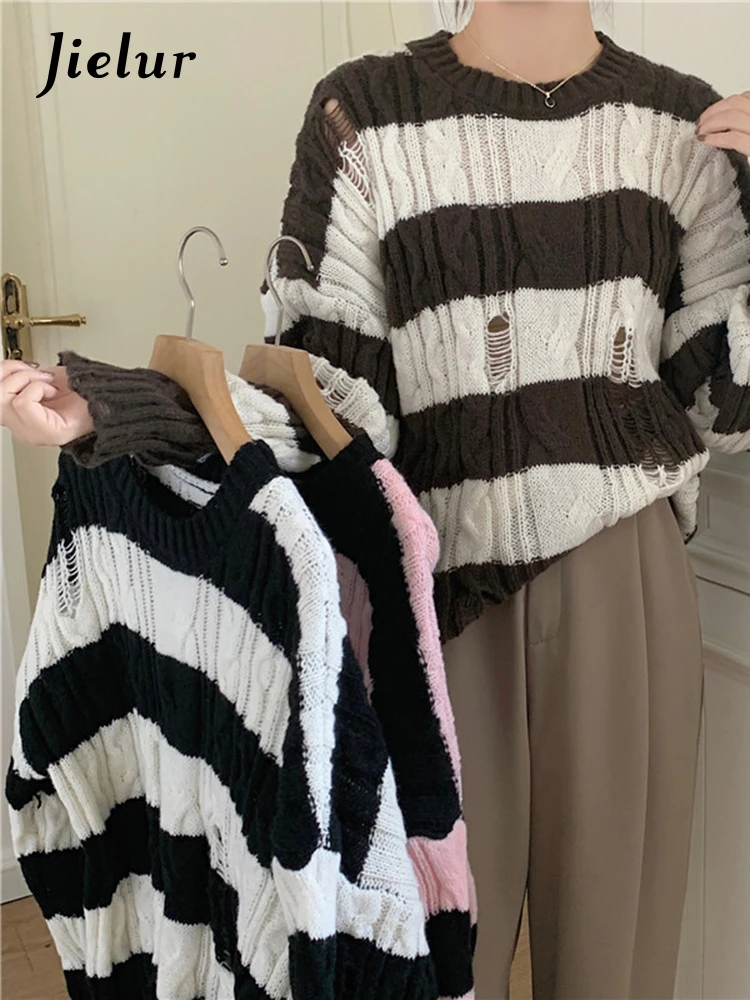 Jielur Pink Coffee Striped Loose Sweater Women Pullover Autumn Top O-Neck Long Sleeve Knitwear Spell Color Holes Casual Sweater