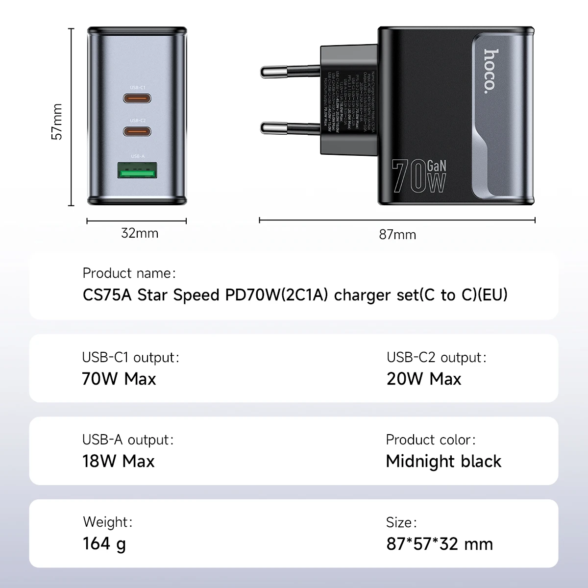 HOCO GaN 70W EU Plug Phone Charger For Samsung S25 S24 Dual USB C PD QC Quick Charging Wall Adapter For iPhone 16/15/14 Pro Max
