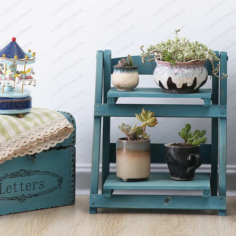 White two-layer folding retro style solid wood mesh flower plaid flower rack bookshelf shelf desk rack old style