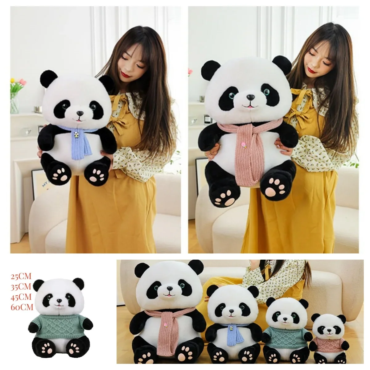 25/35/45/60cm Dressed Sitting Panda Bear Doll Stuffed Soft Sweater Bib Cartoon Zoo Animal Plushie Cute Birthday China Gift