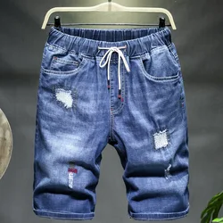 Blue plus size 10XL denim shorts men's summer thin section plus size knee length jeans elastic waist pockets casual pants 7XL