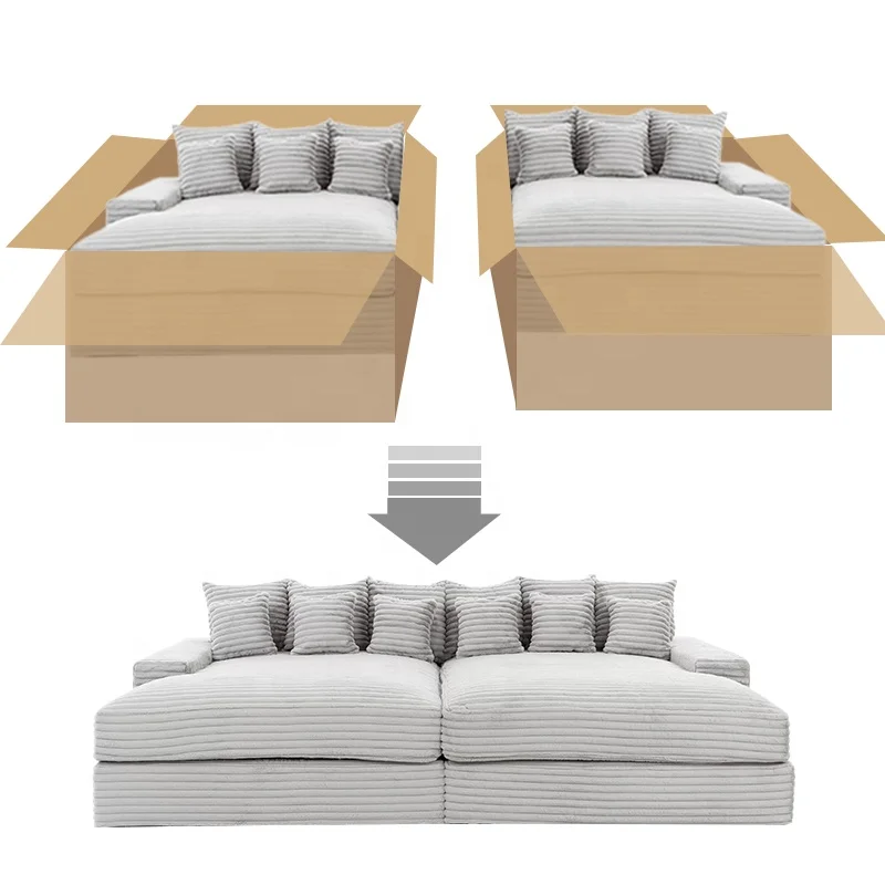 zs- Wide Deep Seat Oversized Loveseat Chaise Compressed Sofa Bed, Fluffy Corduroy Upholstered Cloud Couch Living Room Sofas@