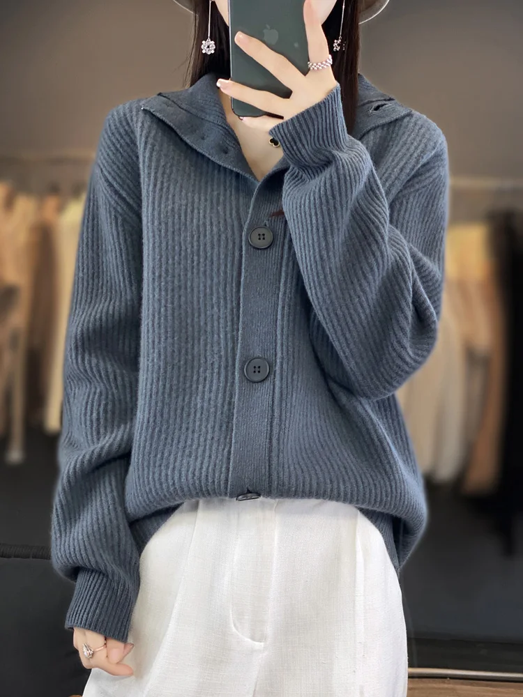 Thick Women Turtleneck Wool Cardigan Casual Loose Solid Sweater Autumn Winter 100% Merino Wool Knitwear Korean Coat Clothing