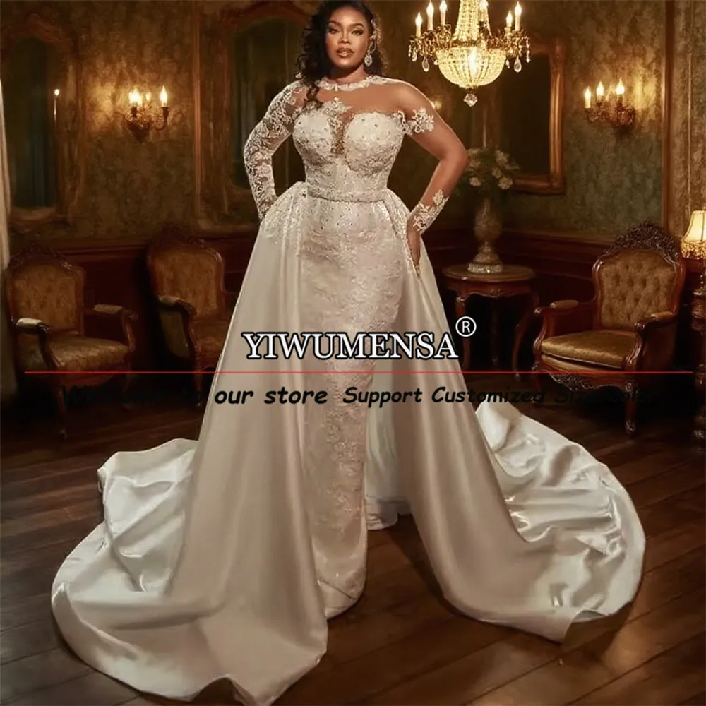 독점적인 O넥 레이스 아플리케 웨딩드레스, 신부를 위한 긴 소매 비즈 장식 브라이덜 가운, 탈부착 가능한 트레인, 여성 리셉션 가운
