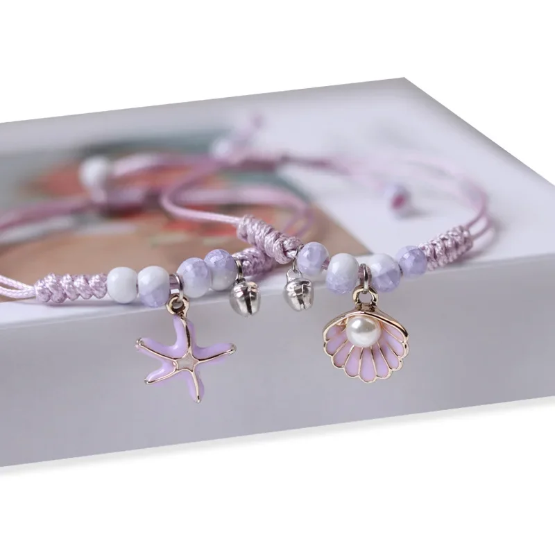 Creative Starfish Shells Pearl Pendant Bracelet Women Girls Handmade Purple Braided  Bangle Adjustable Summer Sand Gifts Jewelry