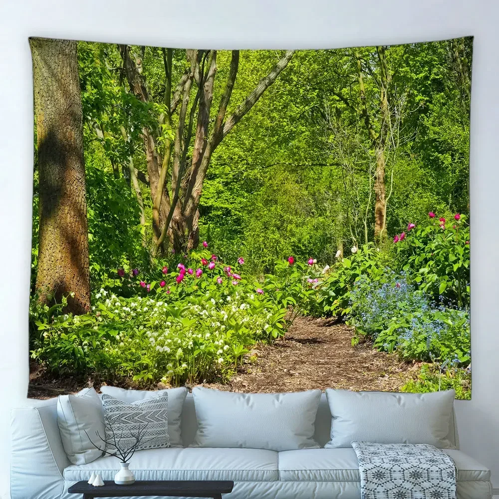 Park Garden Scenery Tapestry Forest Lake Green Plants Flower Path Spring Hippie Wall Hanging Bedroom Home Decor Big Tablecloth