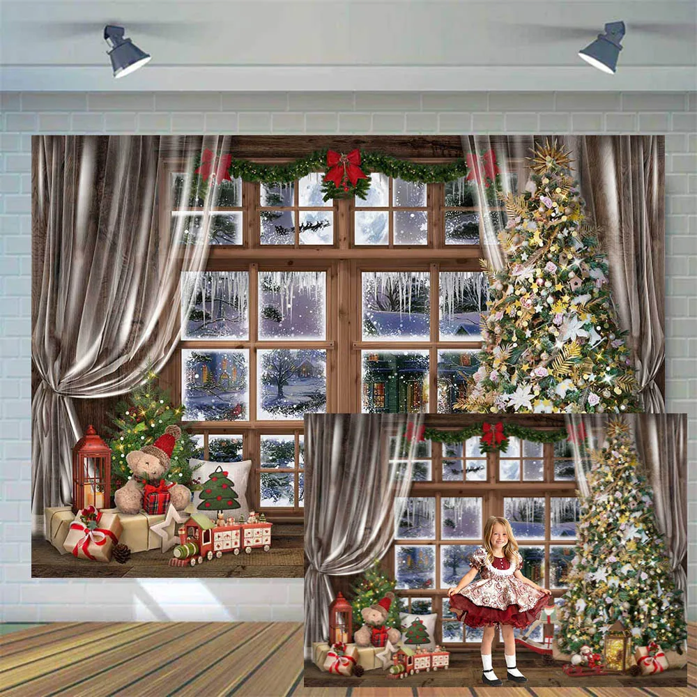 

Mocsicka Christmas Backdrop Wooden Floor Window Xmas Tree Indoor Child Portrait Photography Backgrounds Photo Studio Shoot Props