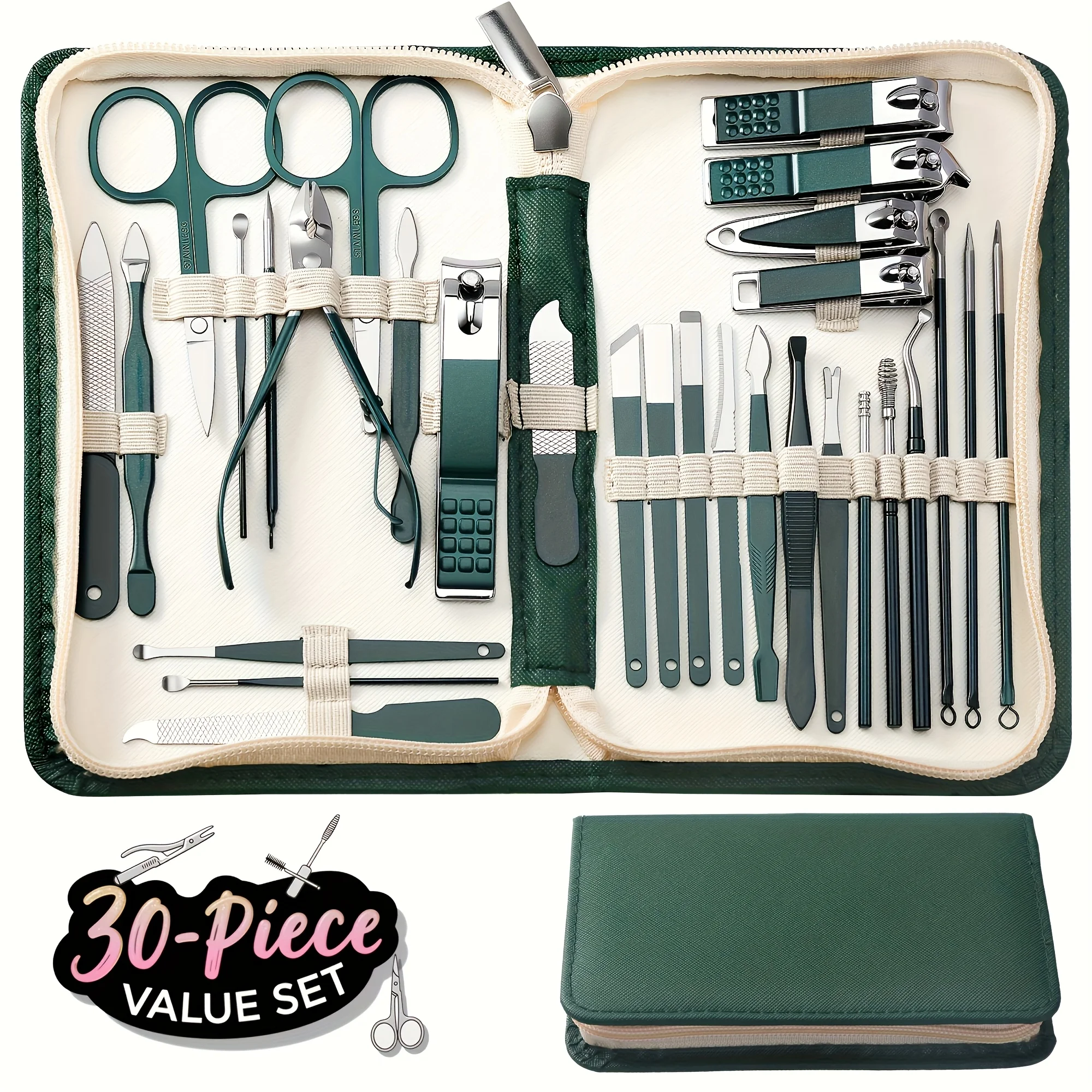 ชุดกรรไกรตัดเล็บมือและเล็บเท้าสแตนเลสอย่างดี พร้อมอุปกรณ์ 30 ชิ้น กล่องพกพาสะดวกสำหรับการเดินทาง อุปกรณ์ดูแลเล็บมือและเล็บเท้า