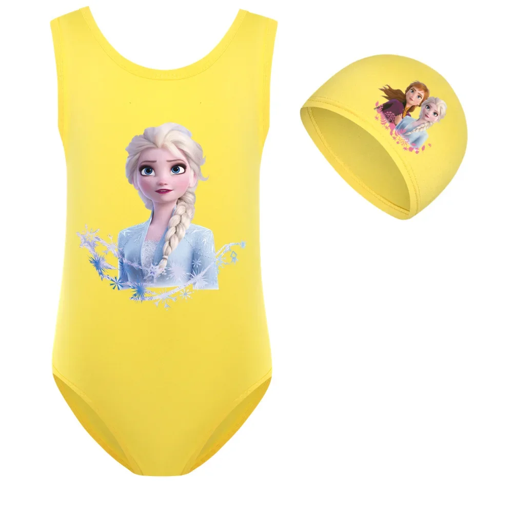 Kids Girl One-Piece Swimwear Cartoon Frozen Elsa Print Baby Swimsuit + Swimming Cap Set Children Movement Outfit Party Bodysuit