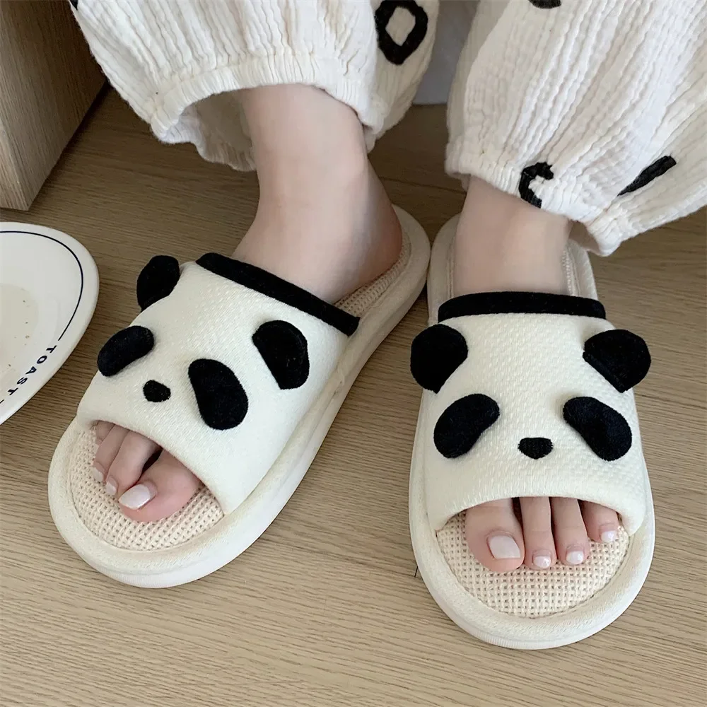 Linen Slippers Women Home Slipper Unisex Panda Slides Super Soft Mule Indoor Non-slip Flat Shoes Men Flip Flops For Four Seasons