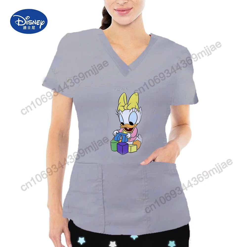 Disney Cartoon Patten Aesthetic Clothing V-neck Design Short Sleeve T-Shirt Double Pocket Women\'s Clothing Summer 2024 T-Shirt