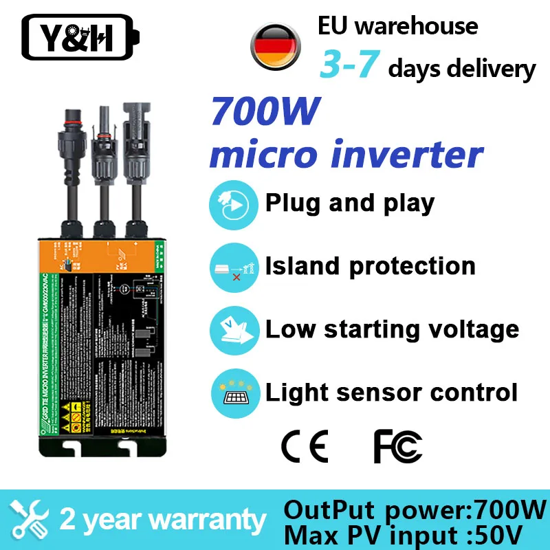 Y&H 300W 700W Micro Solar Inverter 220V MPPT Pure Sine Ongrid Tie Inverter 18-50V Photovoltaic Powered DC To AC Solar Inverters