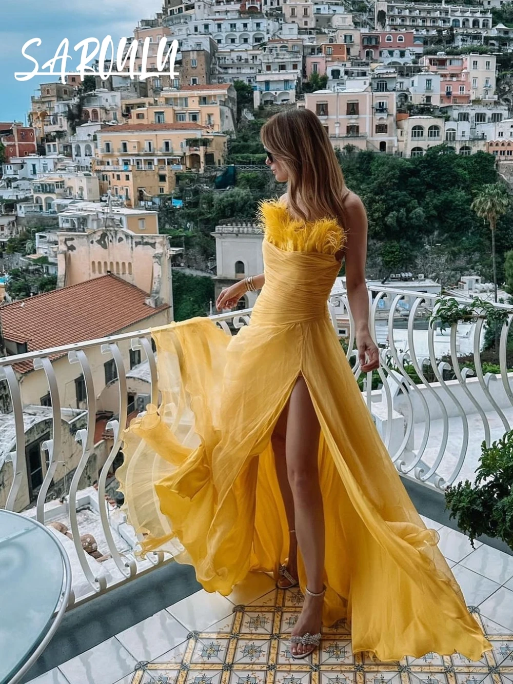 

Vibrant Yellow Feather Strapless Evening Gown Sexy High Slit Ruched Resort Vacation Party Dress Long Maxi Prom Wear For Women