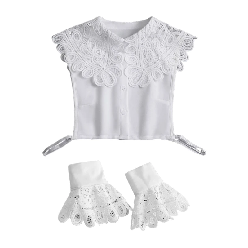 Women 2Pcs Large Lapel False Collar with Fake Sleeve Wristband Set Hollow Out Lace Detachable Half Shirt Horn Cuffs