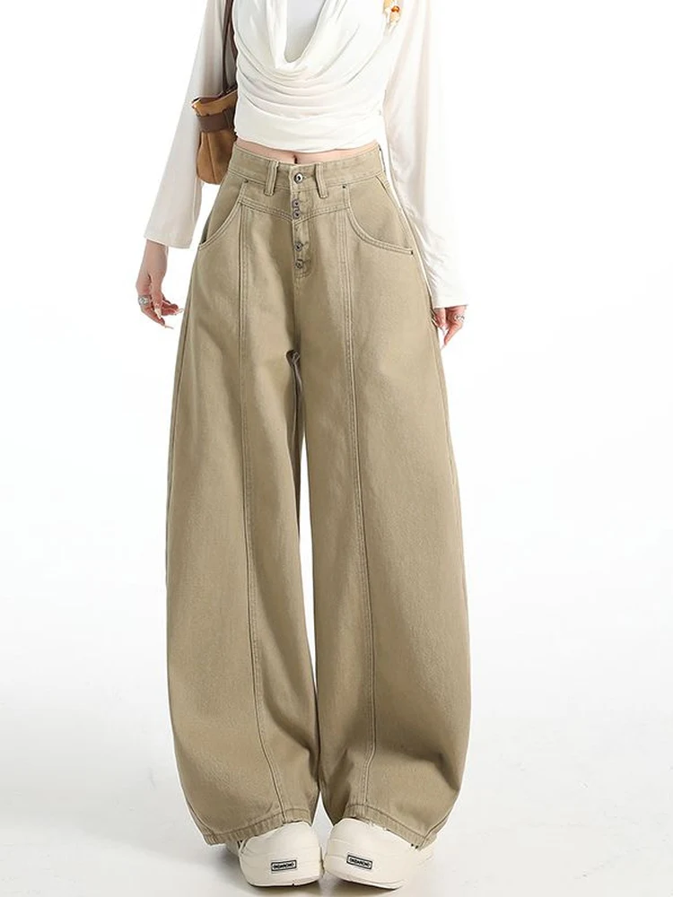 

Retro American Style Wide Leg Casual Jeans Women's Spring Summer Loose Fit Straight Cut Trousers High Waist Button Detail