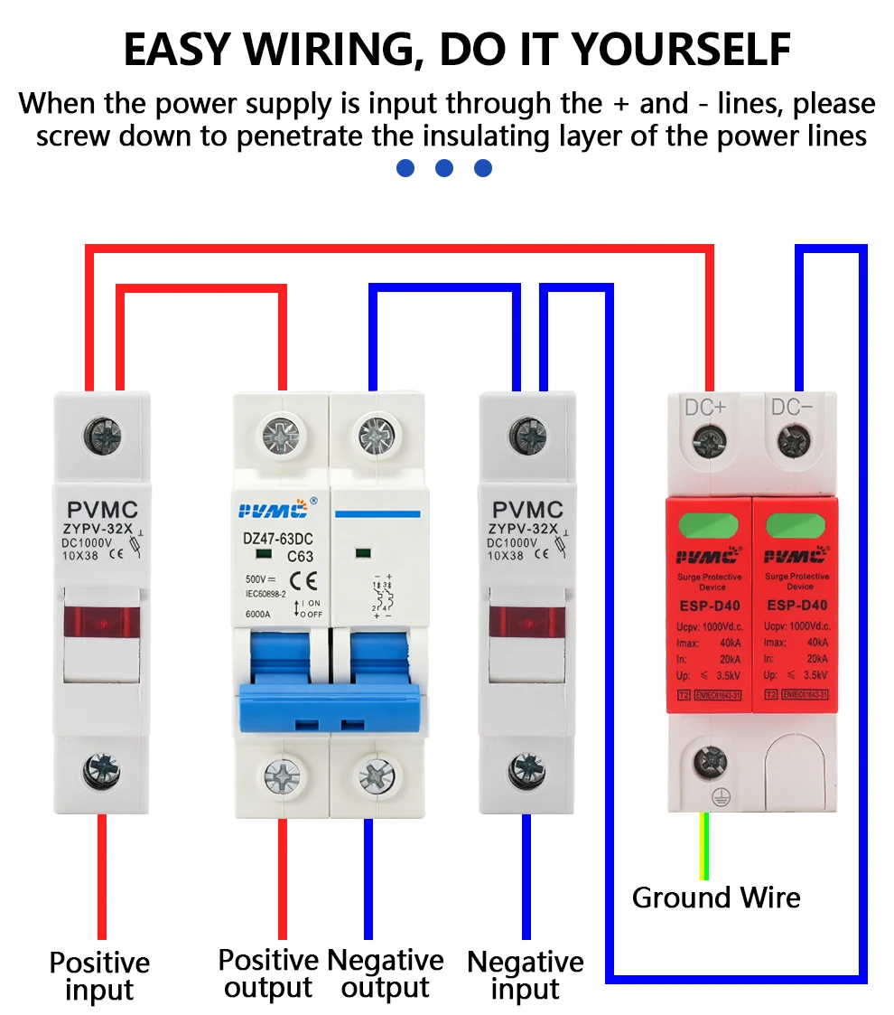 2-poliger DC Mini-Leistungsschalter DZ47-63DC C63 63A 500V DC MCB Solar-PV-System Trennschalter Überstromschutz Luftschalter – Detail 3