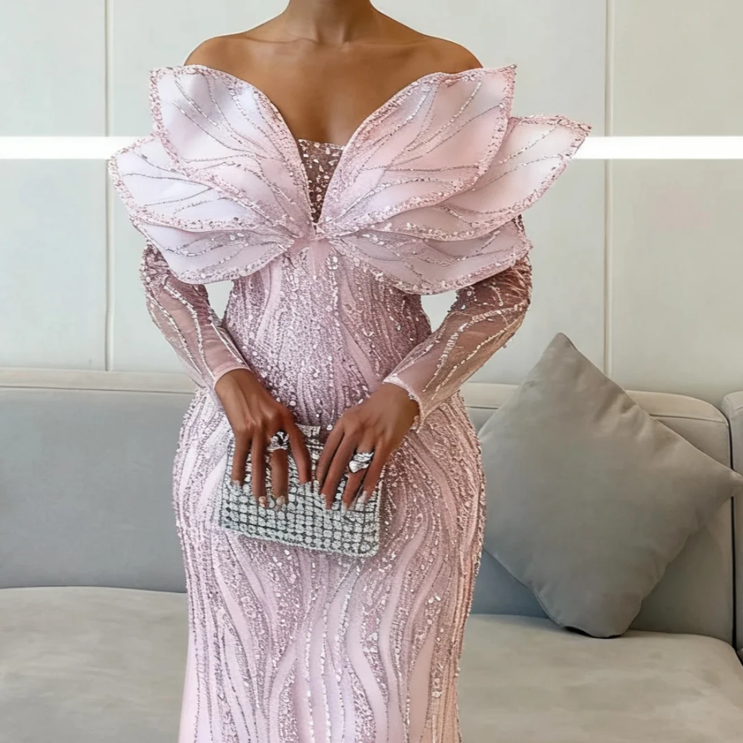Sparky Pink Eleganckie Sukienki Wieczorowe Bez Ramiączek z Długim Rękawem, Luksusowe Suknie Wieczorowe 2025 z Cekinami, Damskie Suknie Balowe Dubaj, Długie Sukienki na Imprezę, Szyte na Miarę
