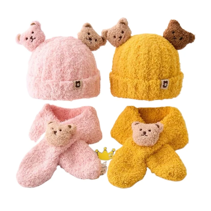 

Winter Warmth Baby Hat Scarf Two-piece Plush Thermal Hat Boys Girls Winter Children Knitted Hats Fashionable Windproof Scarf