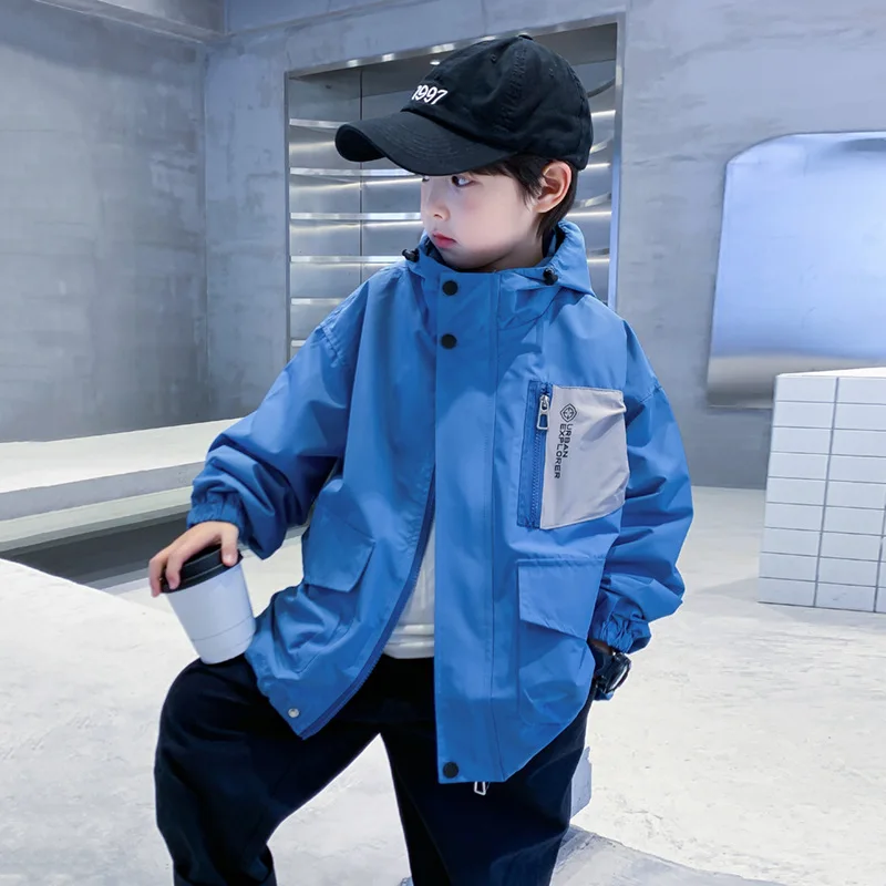 

Boys' hooded workwear jacket, spring new style, children's spring clothing, assault suit, medium and large children's jacket, th