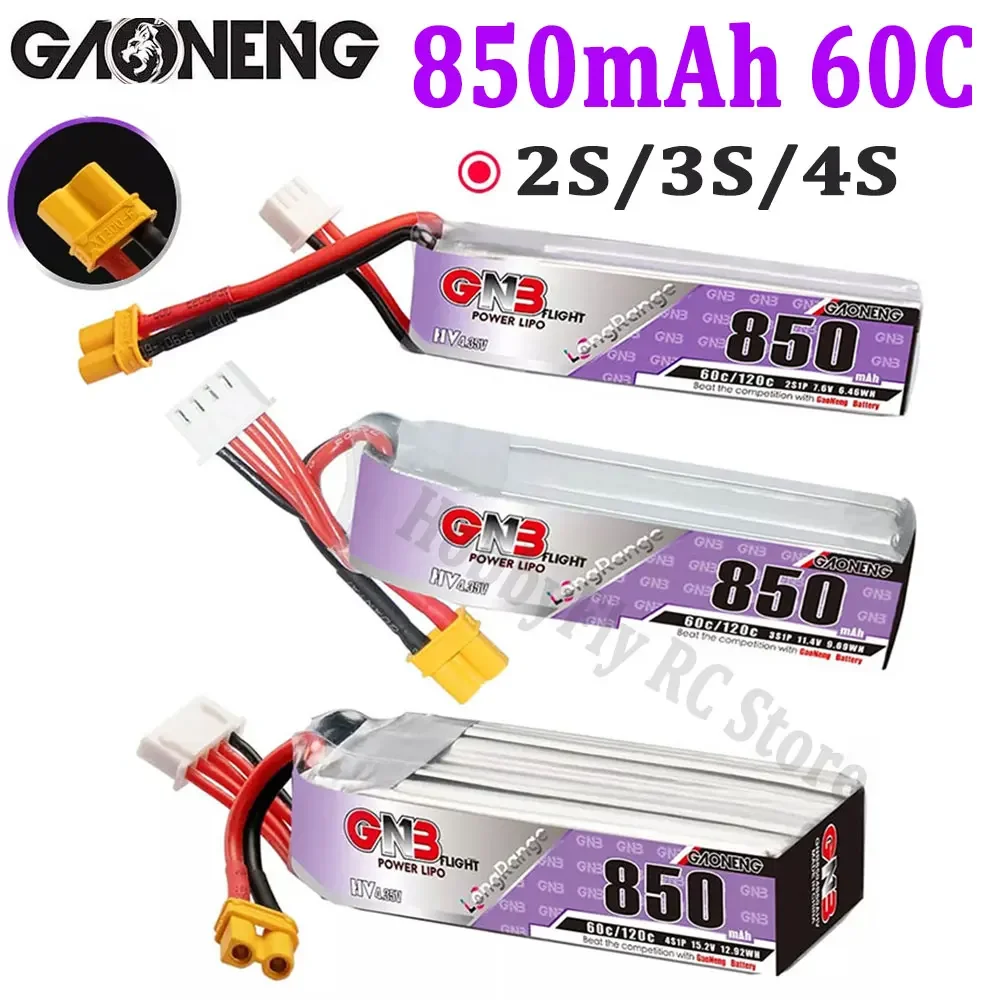 Gaoneng GNB 850mAh 2S 7.6V 3S 11.4V 4S 15.2V 60C Lipo Battery With XT30U-F Plug LONG TYPE for RC FPV Racing Drone