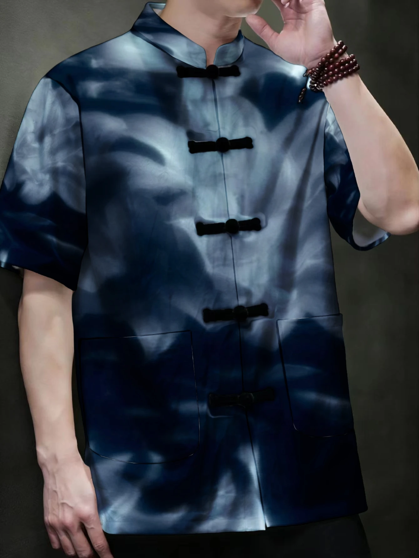 Men Traditional Chinese Tang Suit Short Sleeve Shirt Frog Button Stand Collar Koi Fish Jellyfish Tie Dye Floral Print Loose