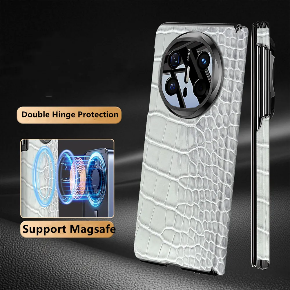 

Genuine Cowhide Leather Double Hinge Magsafe Case For Huawei Mate X6 X5 X3 Crocodile Back Cover