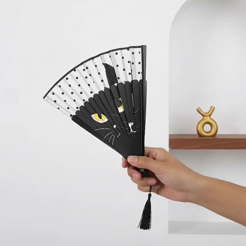 Summer Bamboo Folding Fan Adorable Cat Pattern Portable Hand Fan Lightweight for Outdoor Camping Hiking Commute Use
