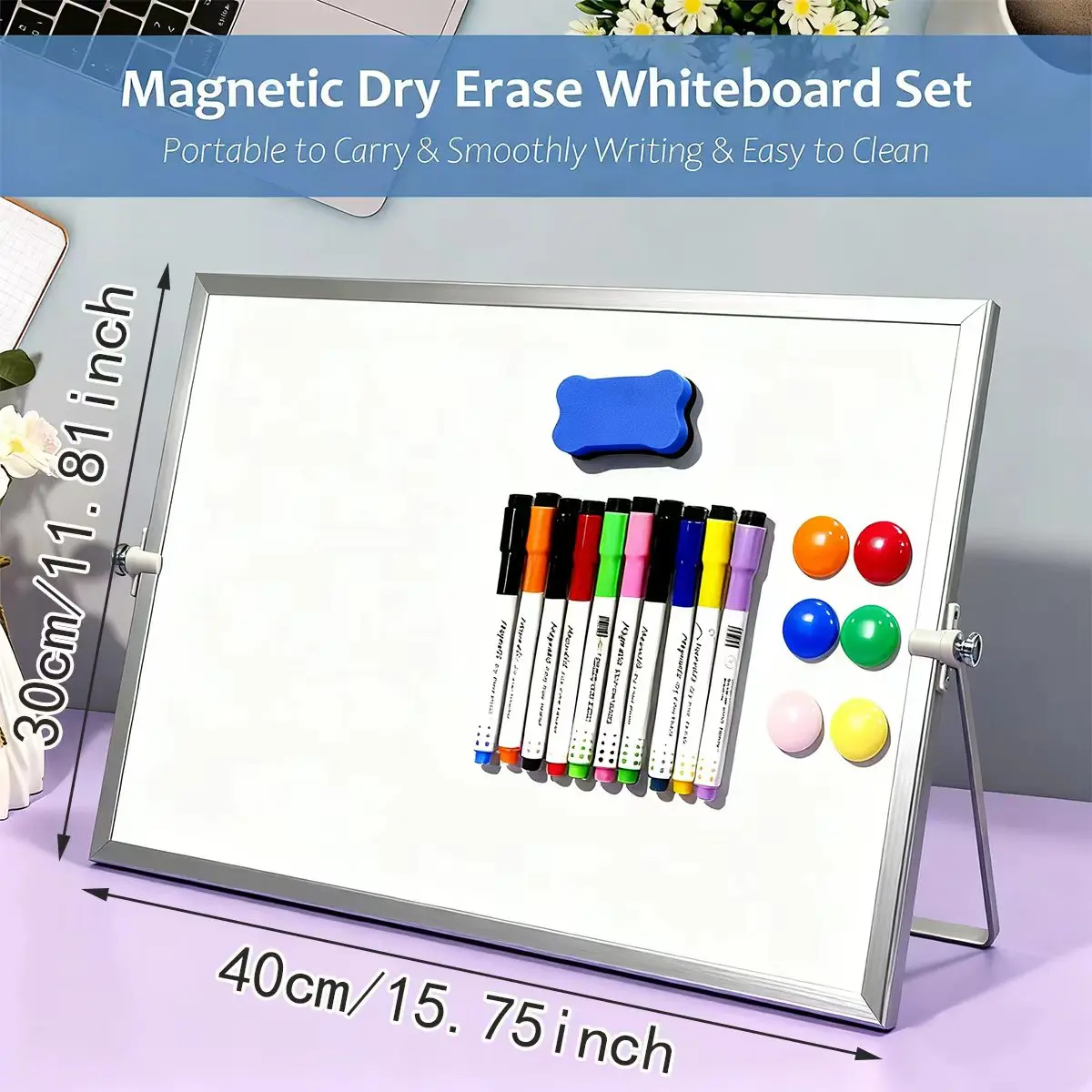 Tabletop Double Sided Whiteboard with Stand, Dry Erase Board Set with Markers, Magnets & Eraser for Home Office