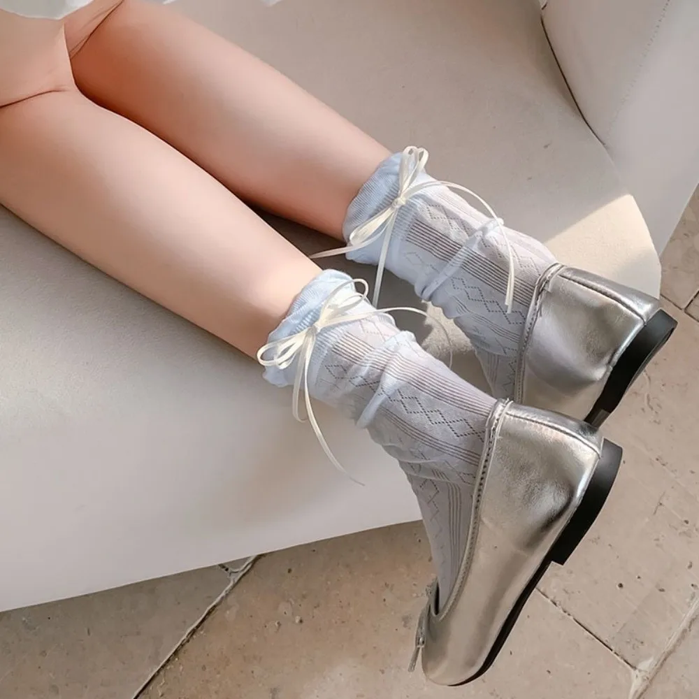 

Soft Cute Bow Sweet Lolita Thin Socks Breathable Mesh Bowknot Socks Solid Color Long Socks Summer