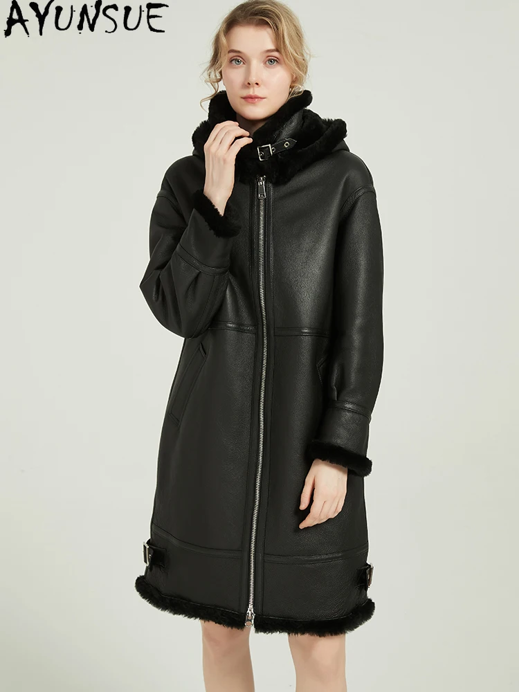 AYUNSUE Echt Leder Jacke Frauen Motorrad Jacken 2025, mittellange Natürliche Schaffell Pelzmantel frauen Winter Kleidung Streetwear