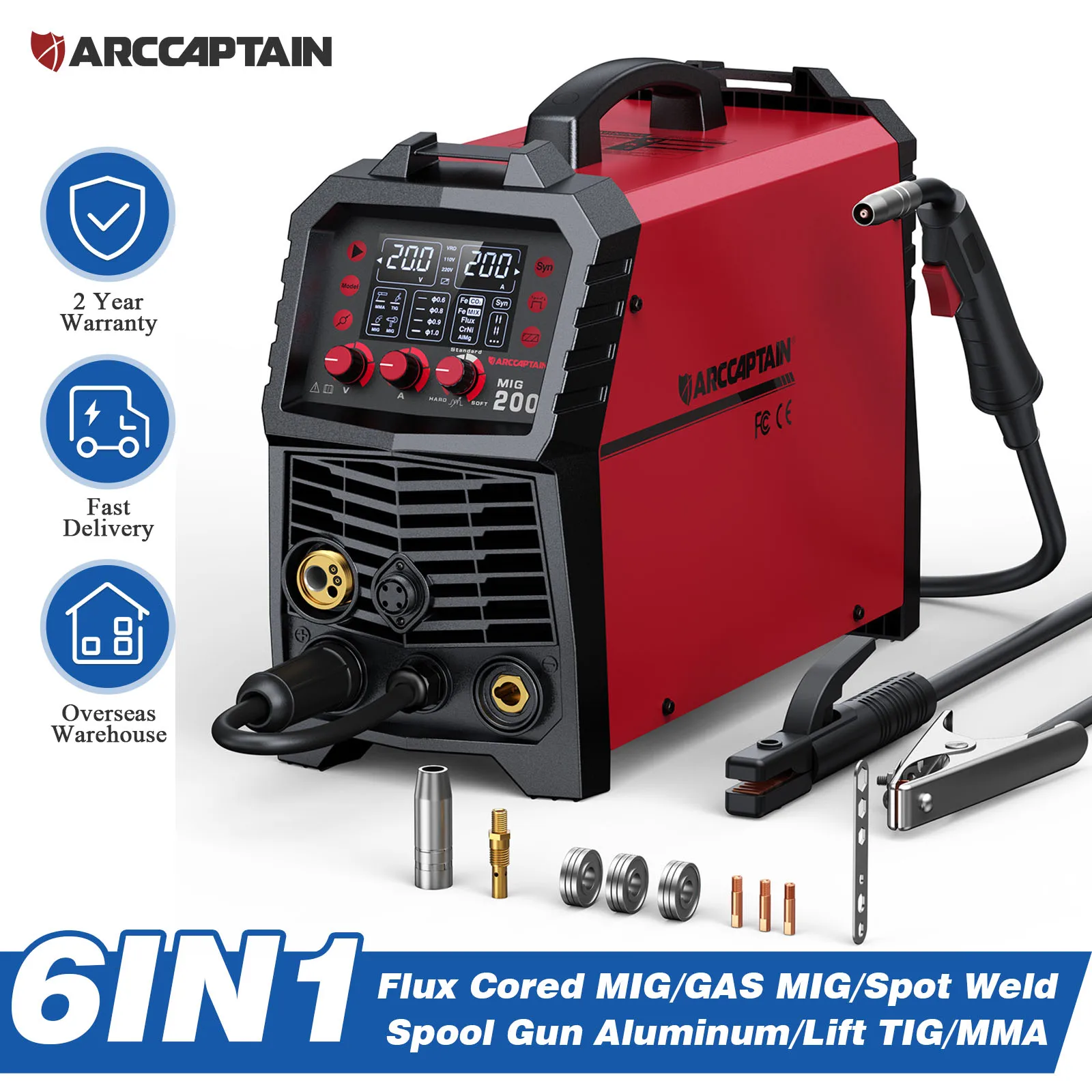ARCCAPTAIN 6 IN 1 Saldatrice MIG FLUX Filo animato MIG Gas inerziale MMA Ascensore Supporto TIG Pistola a bobina/Saldatura a punti per uso domestico