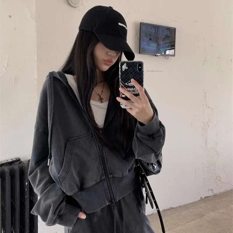 2025 nuove donne allentate con zip americana felpa con cappuccio lavata vintage nero grigio autunno inverno moda casual streetwear