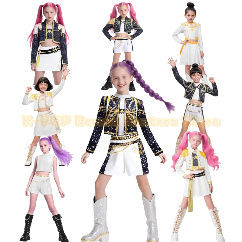 

Kids Girls Kpop Demon Hunter Cosplay Rumi Zoey Mira Cosplay Costume Set Child Stage Performance Clothes Halloween Party Gift