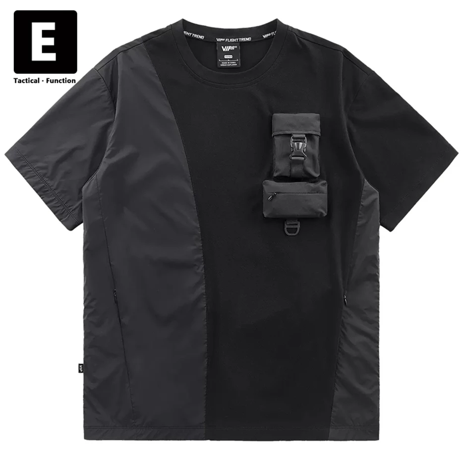 Black Techwear T-shirt Hip Hop Streetwear Patchwork Cargo Tshirt Men Summer Short Sleeve Fashion Tops Tees Male