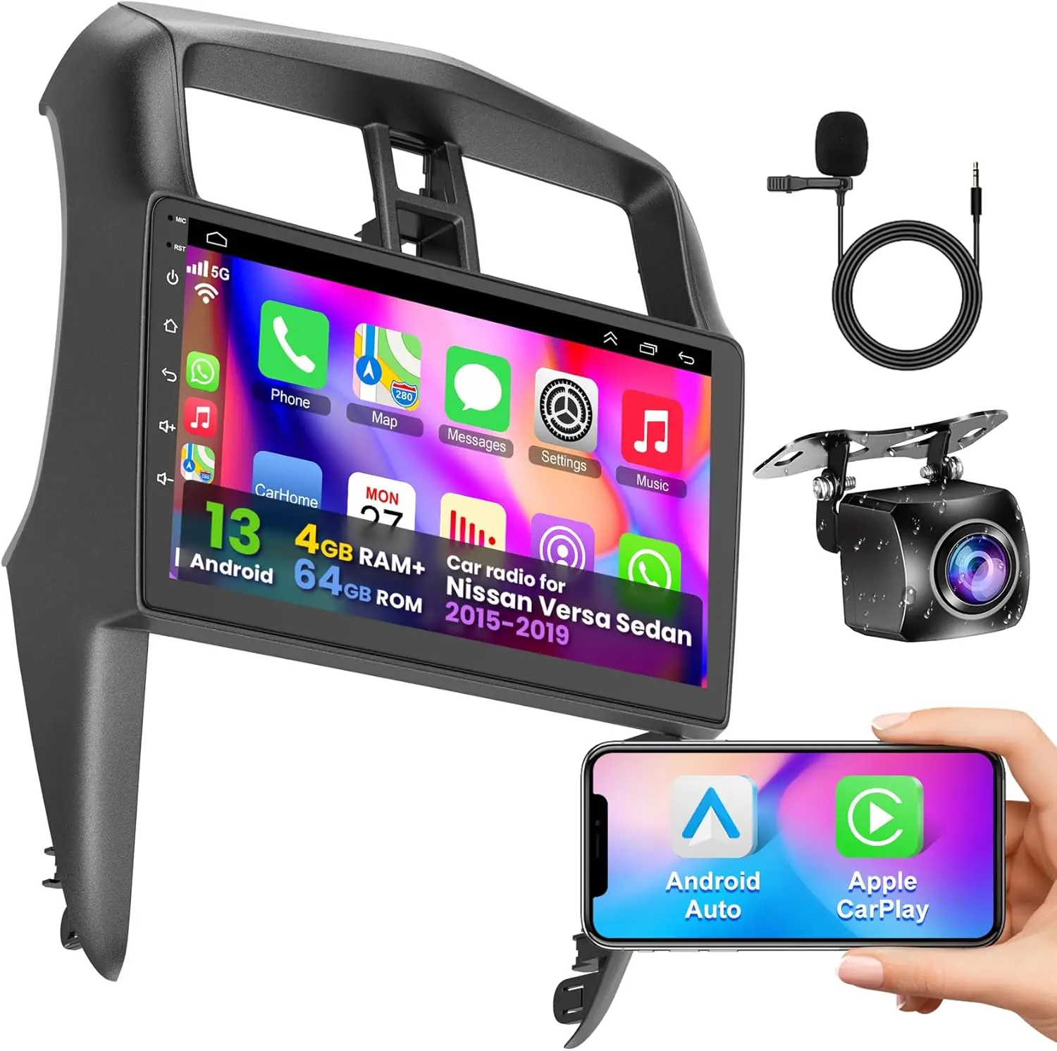 راديو ستيريو للسيارة مقاس 10 بوصات لسيارة Nissan Versa 2015-2019 (LHD) مع CarPlay اللاسلكي، Android Auto، شاشة تعمل باللمس، GPS، كاميرا احتياطية عالية الدقة، 4