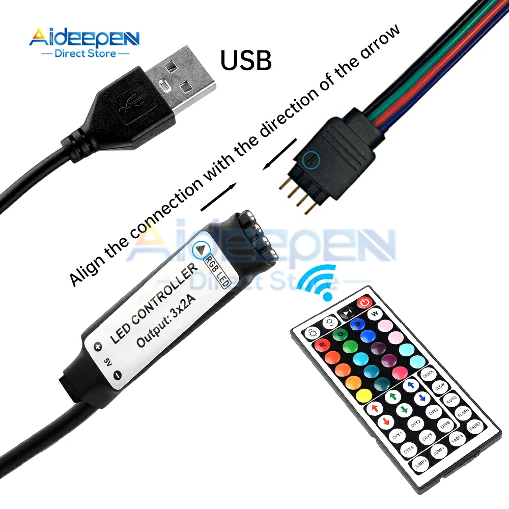 Faixa de led rgb usb/dc com controle remoto de 44 teclas, adequada para quarto, sala de estar, cozinha, decoração de esportes, luz noturna