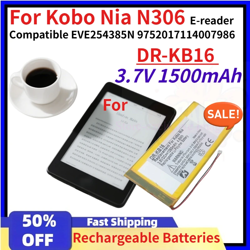 

Аккумулятор Li-Polymer DR-KB16 3.7V 1500mAh для электронной книги Kobo Nia N306, совместимый с EVE254385N 9752017114007986, перезаряжаемые батареи