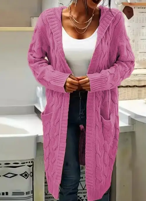 Kardigan Wanita Musim Gugur & Musim Dingin, Sweater Rajut Panjang Warna Solid Model Terbaru dengan Hoodie dan Saku