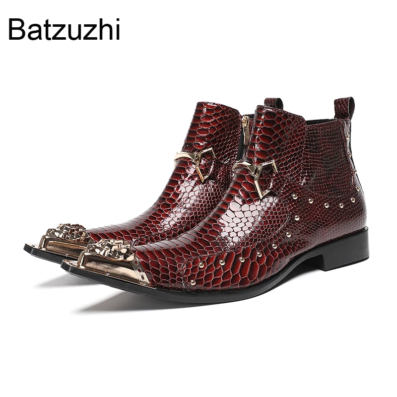 

Batzuzhi Роскошные мужские ботинки ручной работы, винно-красные ботильоны из натуральной кожи, мужские ботильоны с железными пальцами на низком каблуке, вечерние, свадебные ботинки