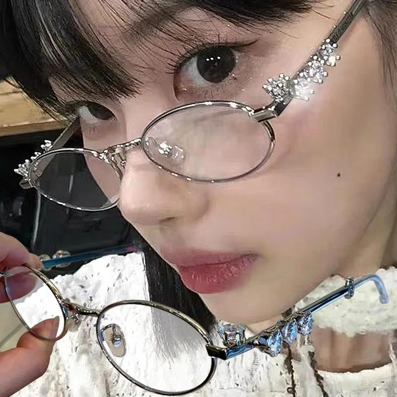 Women's Punk Retro Silver Anti Blue Light Eyewear Rhinestone Oval Metal Frame Glasses Fashion Girl Reading Seaside Spectacles