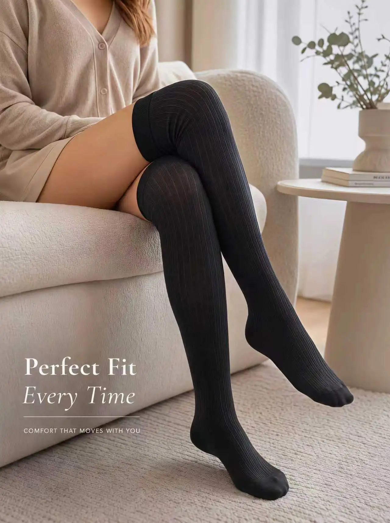 1-Pair Black Vertical Striped Ribbed Over-the-Knee Long Socks for Women Soft Gentle on Skin Highly Stretchy Classic JK