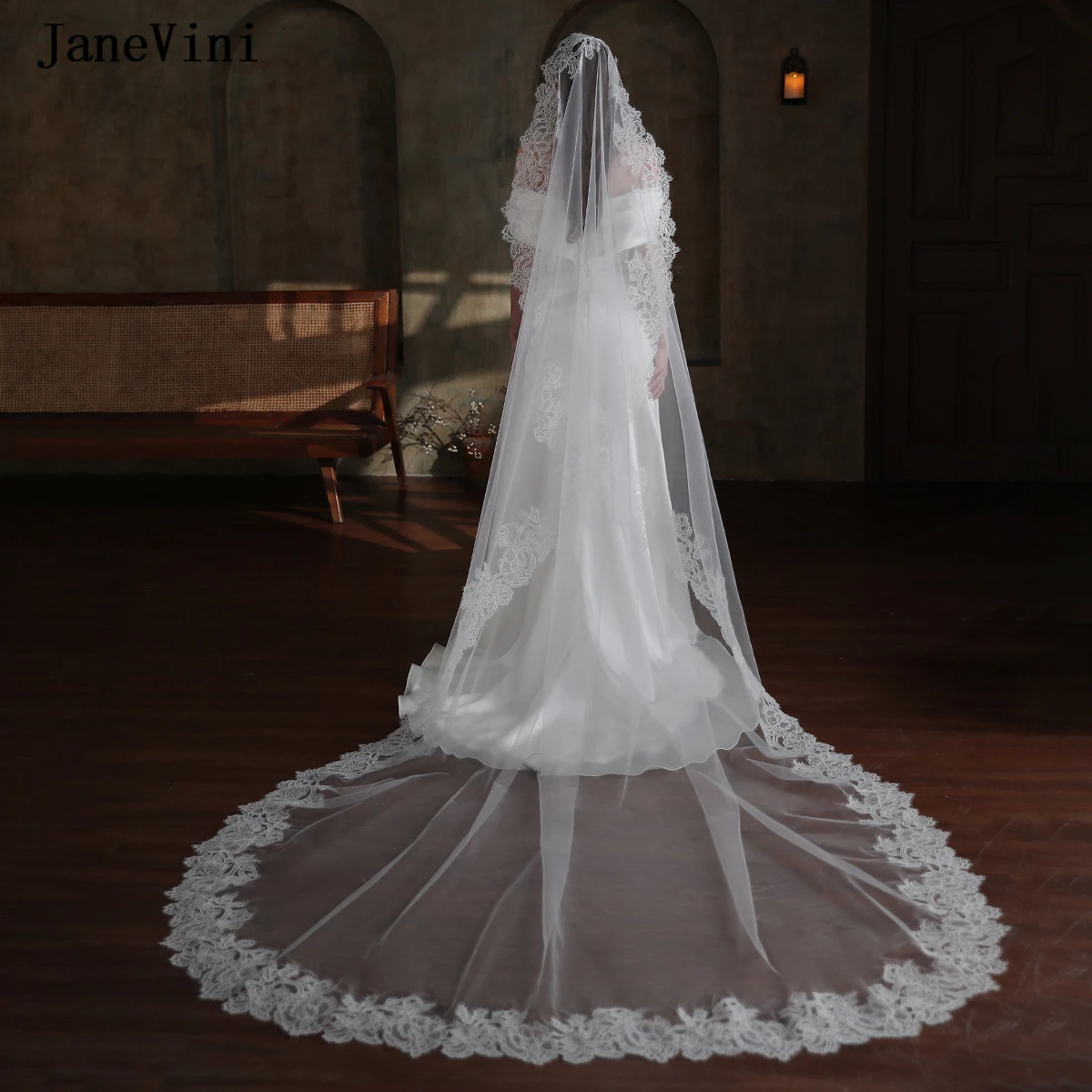 JaneVini-Voile de mariée long européen avec peigne, une couche, bord en dentelle, tulle, élégant, accessoires pour cheveux de mariage, luxe, patients, 2023