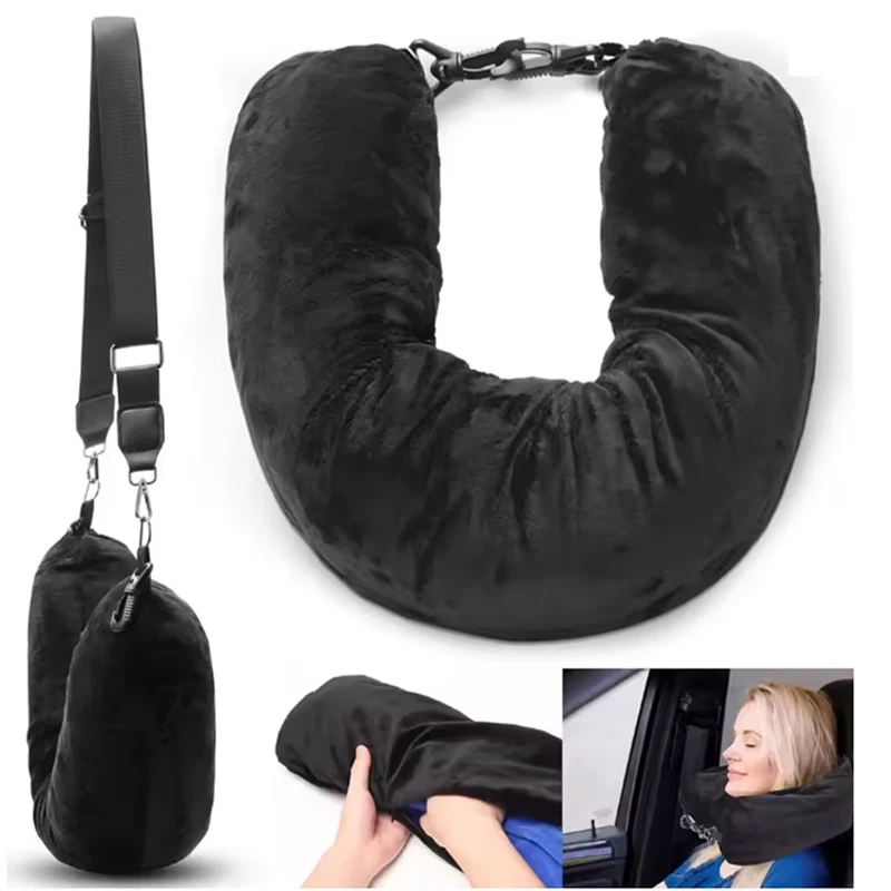 وسادة رقبة للسفر مع ملابس قابلة للتعبئة على شكل حرف U، حقيبة تخزين إضافية، غطاء وسادة رقبة مخملي للسفر على الطائرة #1