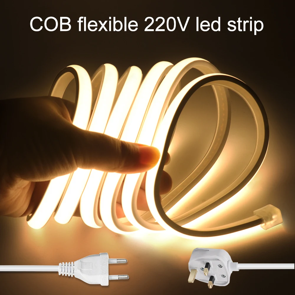 220V High Brightness COB Led Strip Neon Light for Room Waterproof Led Tape Flexible Ribbon for Kitchen Outdoor Garden Lighting