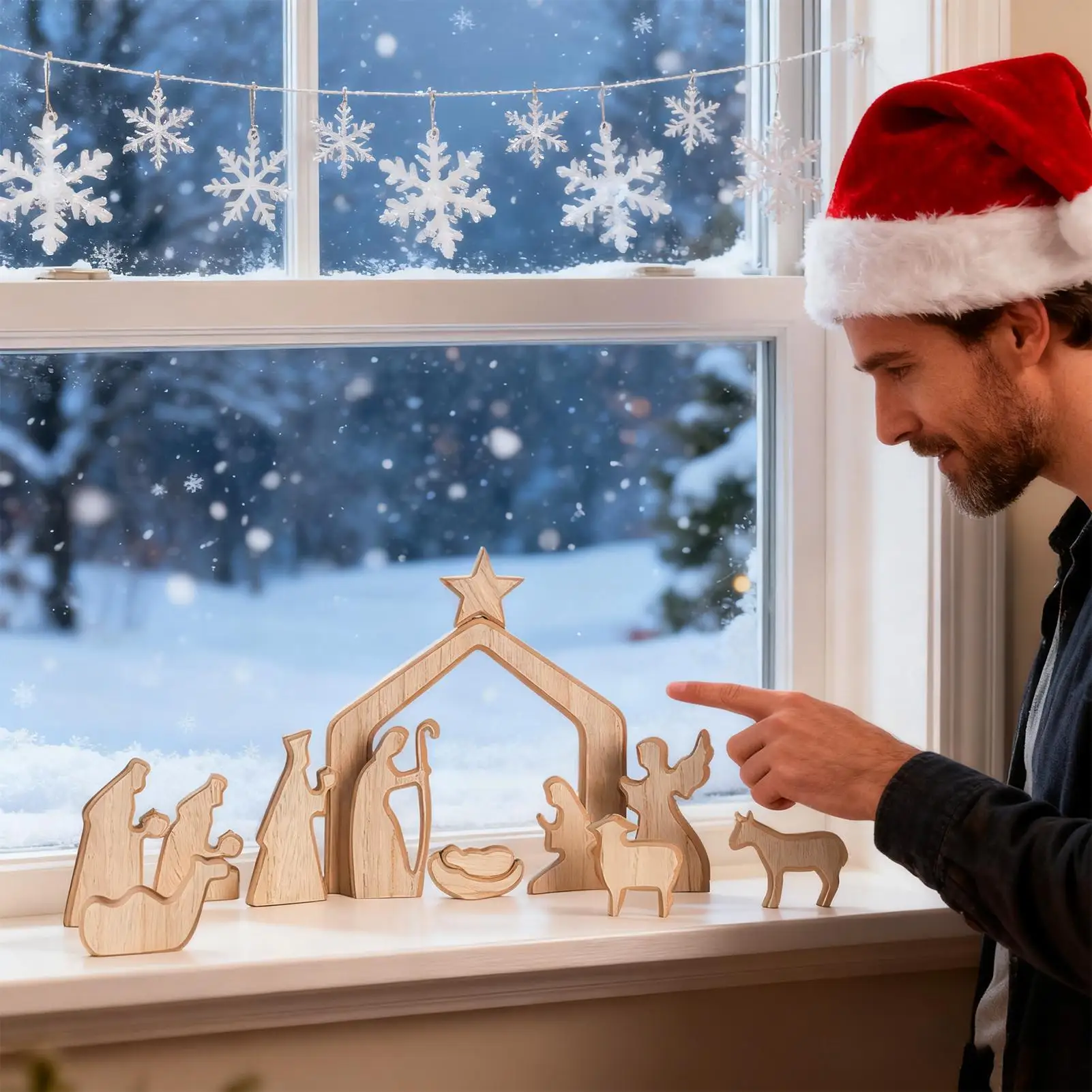 Wooden Nativity Set Christmas Religious Miniature Figurine Decoration Miniature Nativity Scene Statue For Tabletop Cabinet