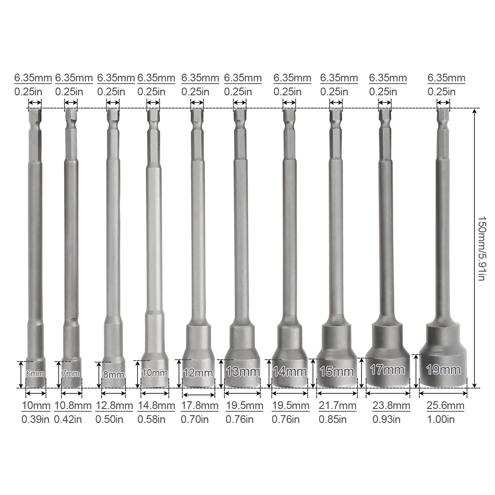 10pcs/set 150mm Lengthen Magnetic Hexagon Sockets 6-19mm 1/4-Inch Hex Shank Nut Setter Driver Drill Bits Set
