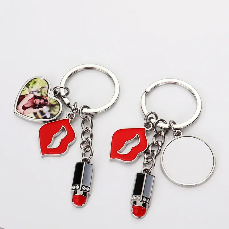 

Custom Sublimation Photo Keychain Lipstick Shape with Heart Charm - DIY Heat Transfer Printing for Gift/Promotion