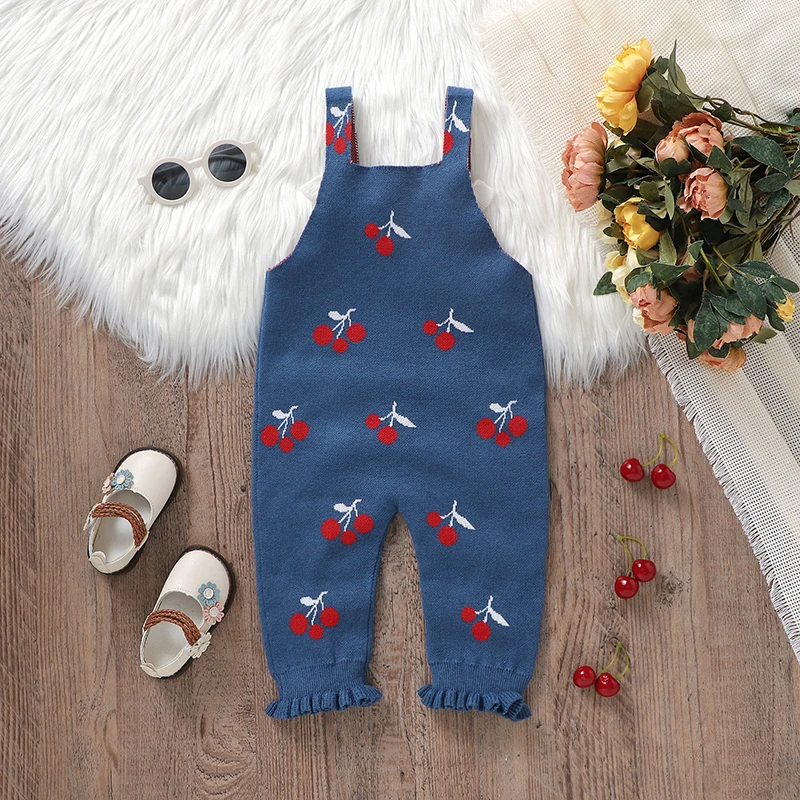 Baby Romper Knitted Newborn Toddler Clothes Cute  Cherry 0-18M Overalls Playsuit Infant Girl Jumpsuit Sleeveless Fashion Ruffles