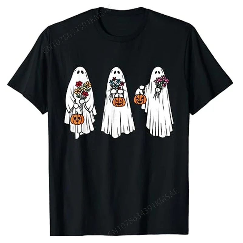 Groovy Vintage Floral Ghost Cute Halloween Spooky Season T-Shirt Gifts Gothic Style Autumn Fall Graphic Tee Spooky Vibes Tops