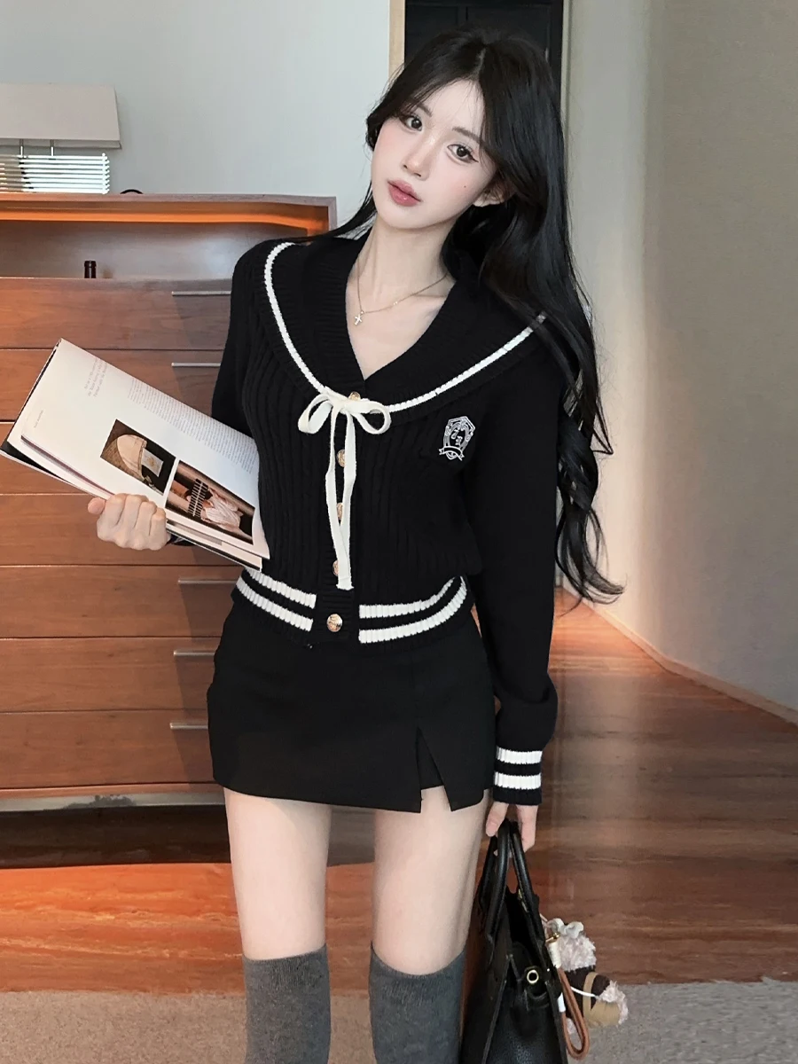 Korean College Style Navy Collar Knot Waist Slim Fit Knitted Cardigan Women's Fashion Autumn Winter Short Length Bubble Sleeve